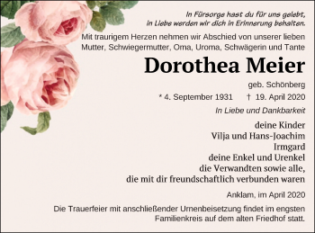 Traueranzeige von Dorothea Meier von Vorpommern Kurier