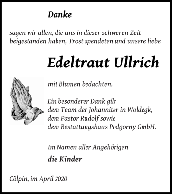 Traueranzeige von Edeltraut Ullrich von Strelitzer Zeitung