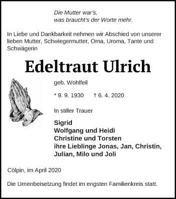 Traueranzeige von Edeltraut Ulrich von Neubrandenburger Zeitung