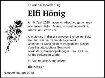 Traueranzeige von Elfi Hönig von Mecklenburger Schweiz