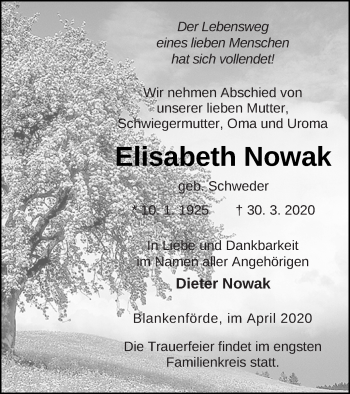 Traueranzeige von Elisabeth Nowak von Strelitzer Zeitung