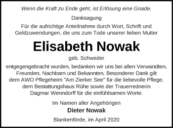 Traueranzeige von Elisabeth Nowak von Strelitzer Zeitung