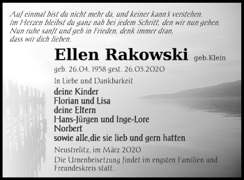 Traueranzeige von Ellen Rakowski von Strelitzer Zeitung