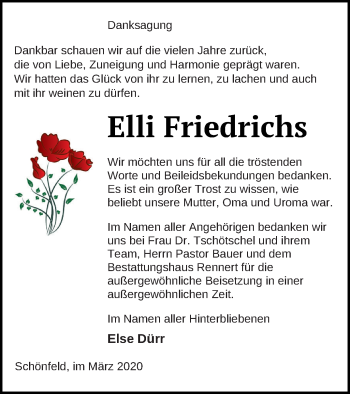 Traueranzeige von Elli Friedrichs von Demminer Zeitung