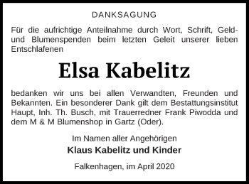 Traueranzeige von Elsa Kabelitz von Prenzlauer Zeitung