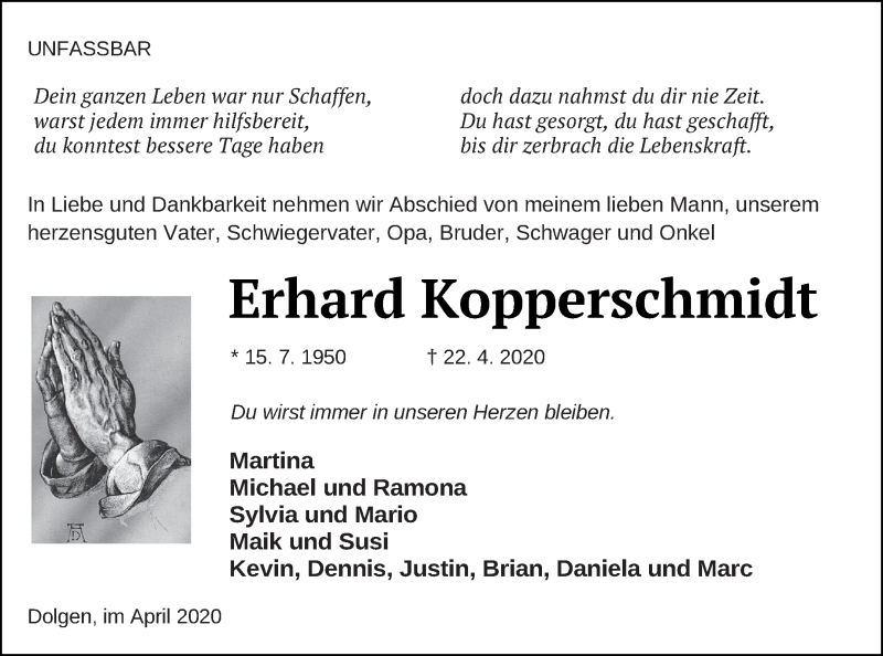  Traueranzeige für Erhard Kopperschmidt vom 29.04.2020 aus Strelitzer Zeitung