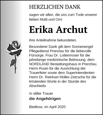 Traueranzeige von Erika Archut von Prenzlauer Zeitung