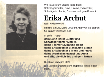 Traueranzeige von Erika Archut von Prenzlauer Zeitung