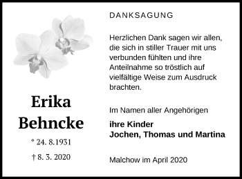 Traueranzeige von Erika Behncke von Müritz-Zeitung