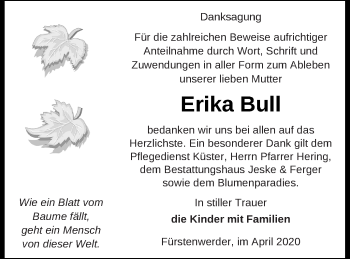 Traueranzeige von Erika Bull von Prenzlauer Zeitung