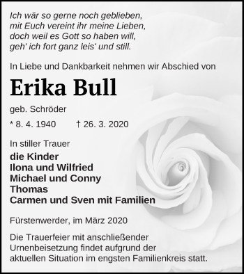 Traueranzeige von Erika Bull von Pasewalker Zeitung