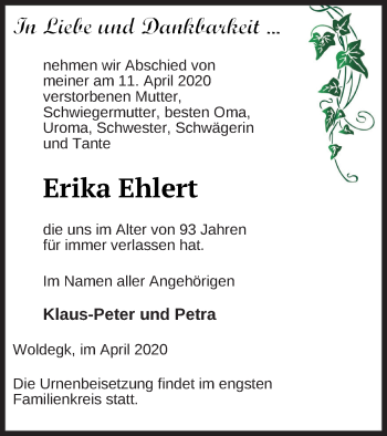 Traueranzeige von Erika Ehlert von Demminer Zeitung