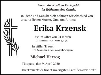 Traueranzeige von Erika Krzensk von Neubrandenburger Zeitung