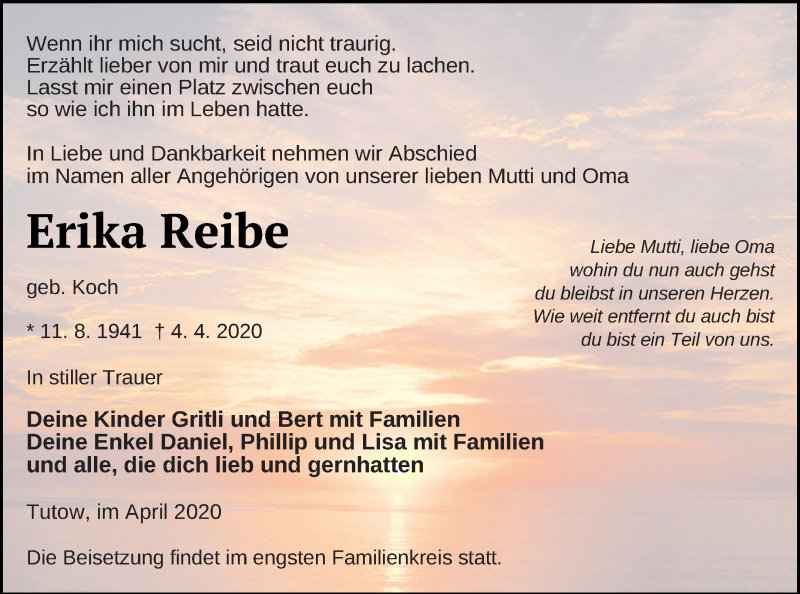  Traueranzeige für Erika Reibe vom 11.04.2020 aus Vorpommern Kurier