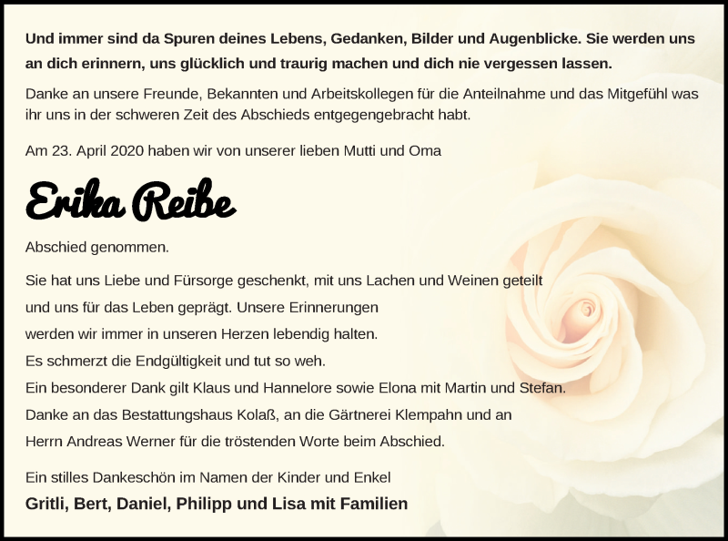  Traueranzeige für Erika Reibe vom 30.04.2020 aus Vorpommern Kurier