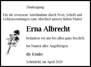 Traueranzeige von Erna Albrecht von Demminer Zeitung