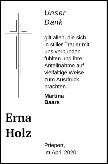 Traueranzeige von Erna Holz von Strelitzer Zeitung