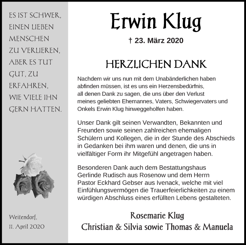  Traueranzeige für Erwin Klug vom 16.04.2020 aus Mecklenburger Schweiz
