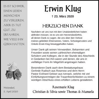 Traueranzeige von Erwin Klug von Mecklenburger Schweiz