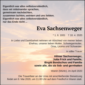 Traueranzeige von Eva Sachsenweger von Müritz-Zeitung