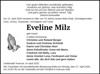 Traueranzeige von Eveline Milz von Vorpommern Kurier