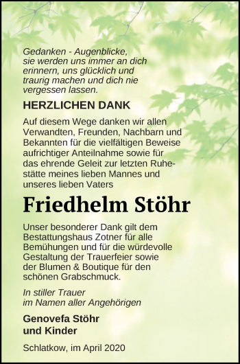 Traueranzeige von Friedhelm Stöhr von Vorpommern Kurier