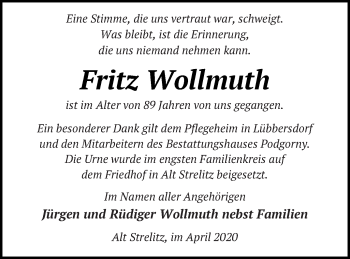 Traueranzeige von Fritz Wollmuth von Strelitzer Zeitung