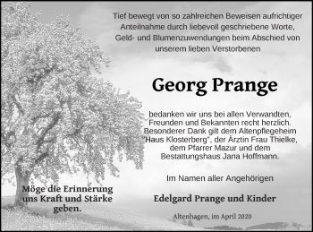 Traueranzeige von Georg Prange von Demminer Zeitung