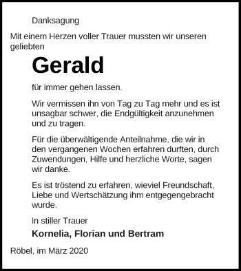 Traueranzeige von Gerald  von Müritz-Zeitung