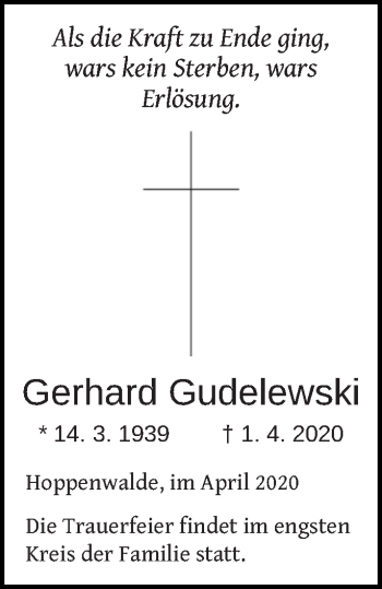 Traueranzeige von Gerhard Gudelewski von Haff-Zeitung