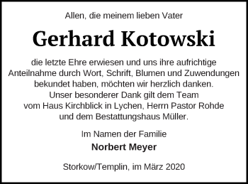 Traueranzeige von Gerhard Kotowski von Templiner Zeitung