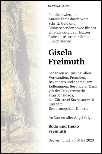 Traueranzeige von Gisela Freimuth von Haff-Zeitung