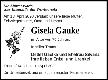 Traueranzeige von Gisela Gauke von Vorpommern Kurier