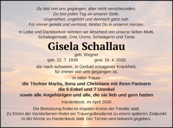 Traueranzeige von Gisela Schallau von Templiner Zeitung