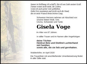 Traueranzeige von Gisela Voge von Pasewalker Zeitung