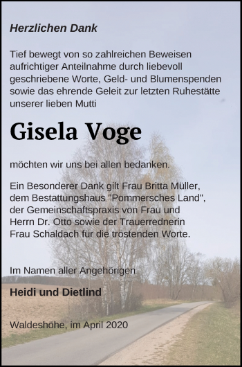 Traueranzeige von Gisela Voge von Pasewalker Zeitung