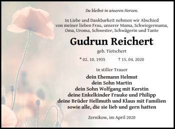 Traueranzeige von Gudrun Reichert von Prenzlauer Zeitung