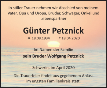 Traueranzeige von Günter Petznick von Zeitung für die Landeshauptstadt