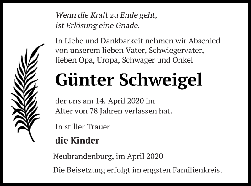  Traueranzeige für Günter Schweigel vom 17.04.2020 aus Neubrandenburger Zeitung