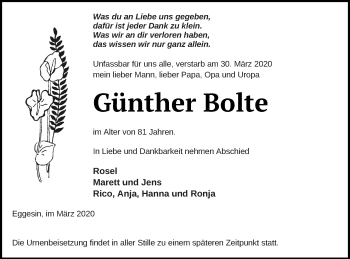 Traueranzeige von Günther Bolte von Haff-Zeitung
