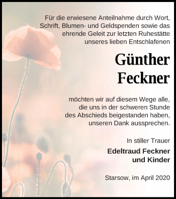 Traueranzeige von Günther Feckner von Strelitzer Zeitung