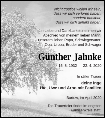 Traueranzeige von Günther Jahnke von Neubrandenburger Zeitung