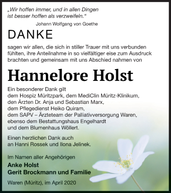 Traueranzeige von Hannelore Holst von Müritz-Zeitung