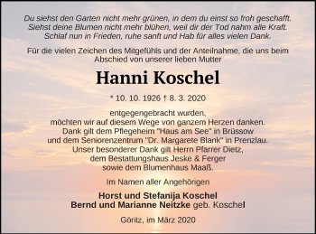 Traueranzeige von Hanni Koschel von Prenzlauer Zeitung