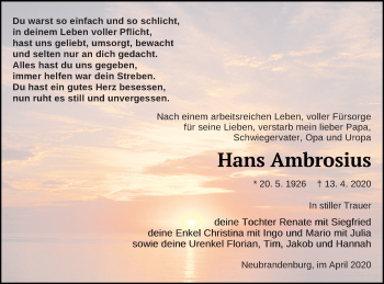 Traueranzeige von Hans Ambrosius von Neubrandenburger Zeitung