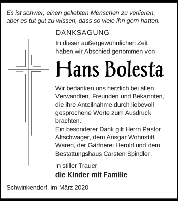 Traueranzeige von Hans Bolesta von Mecklenburger Schweiz