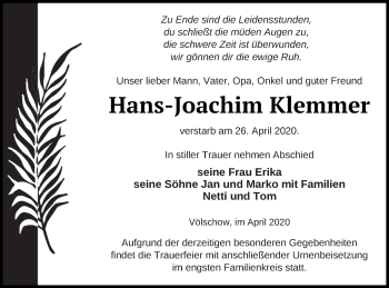 Traueranzeige von Hans-Joachim Klemmer von Vorpommern Kurier