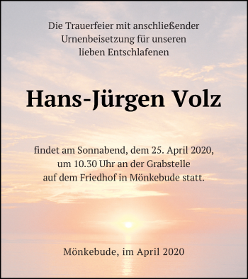 Traueranzeige von Hans-Jürgen Volz von Haff-Zeitung