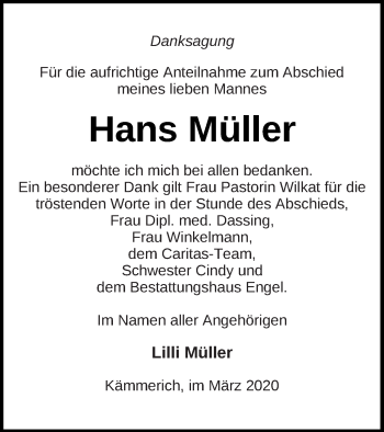 Traueranzeige von Hans Müller von Mecklenburger Schweiz