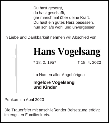 Traueranzeige von Hans Vogelsang von Pasewalker Zeitung